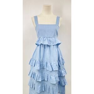 Tach Clothing Light Blue Linen Dress Sleeveless Ruffle Midi Tea Length XS